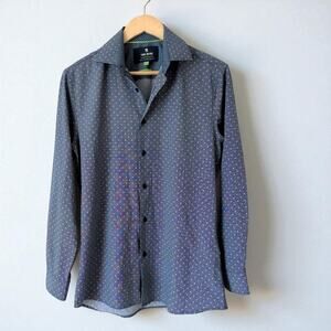 Tom Baine Performance Small Blue Dotted Button Down Shirt Slim Fit 4 way stretch